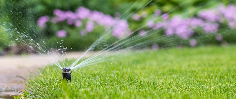 Irrigation sprinkler head on a lawn in Hunter, TX.