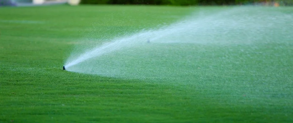 Large lawn in New Braunfels, TX, with sprinklers spraying water.