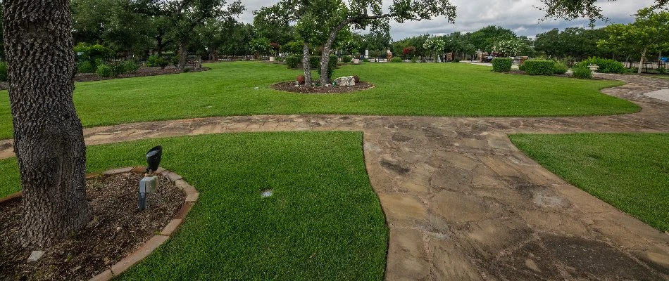 Manicured lawn with walkways on a property in New Braunfels, TX.