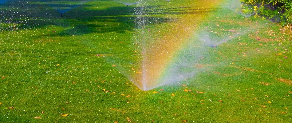 Sprinkler heads watering a green lawn in Oak Run, TX.